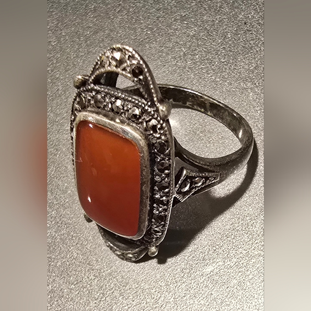 Sterling-Style Carnelian Stone Statement Ring With Marcasite Accents 7